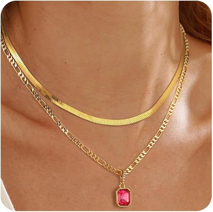 Mesovor 18K Gold Crystal Layered Necklace – Trendy Birthstone Pendant Statement Jewelry for Women
