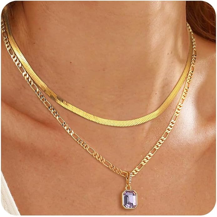 Mesovor 18K Gold Crystal Layered Necklace – Trendy Birthstone Pendant Statement Jewelry for Women