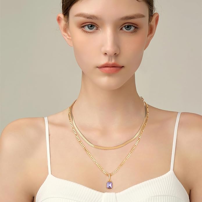 Mesovor 18K Gold Crystal Layered Necklace – Trendy Birthstone Pendant Statement Jewelry for Women