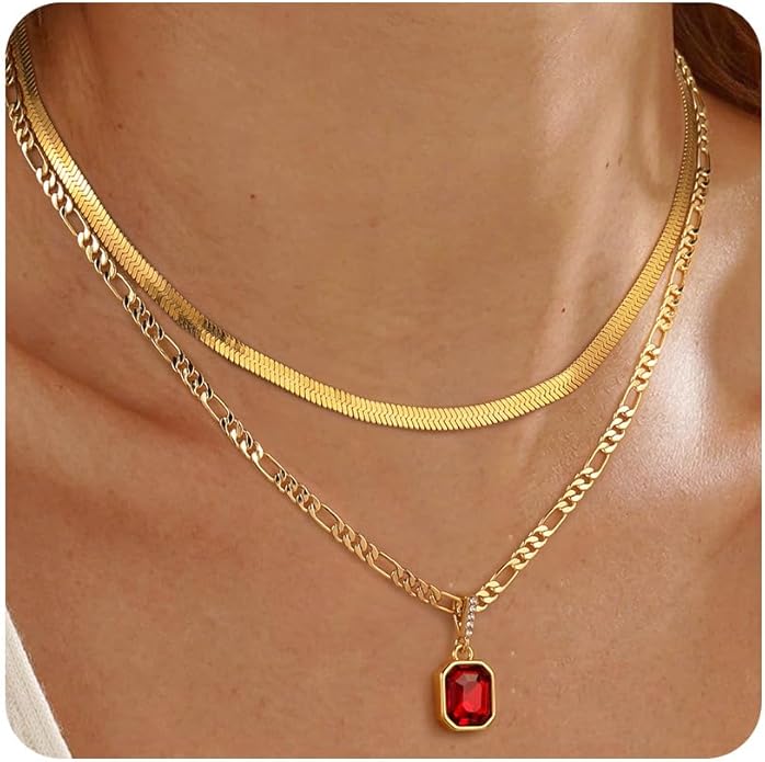 Mesovor 18K Gold Crystal Layered Necklace – Trendy Birthstone Pendant Statement Jewelry for Women