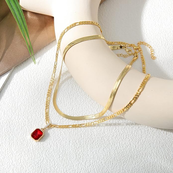 Mesovor 18K Gold Crystal Layered Necklace – Trendy Birthstone Pendant Statement Jewelry for Women