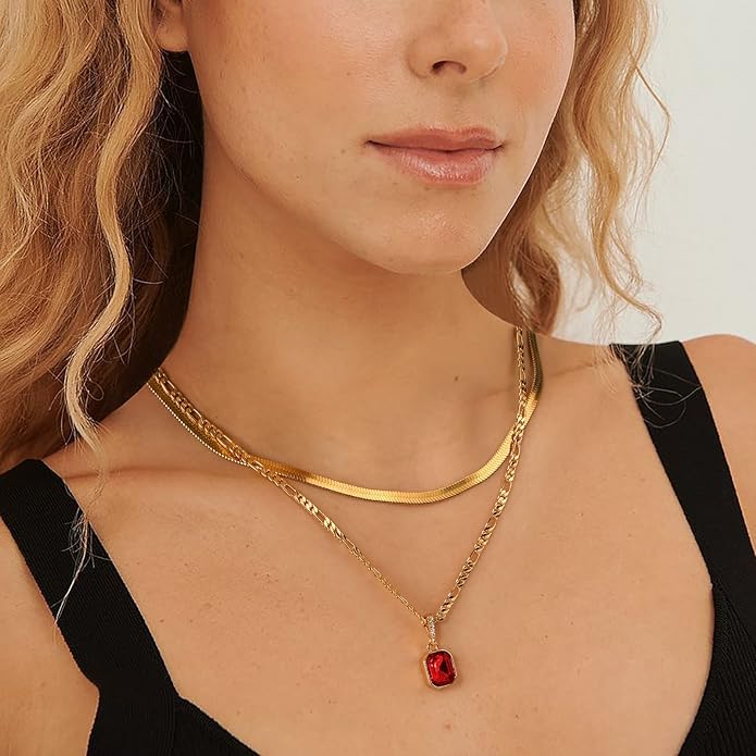 Mesovor 18K Gold Crystal Layered Necklace – Trendy Birthstone Pendant Statement Jewelry for Women