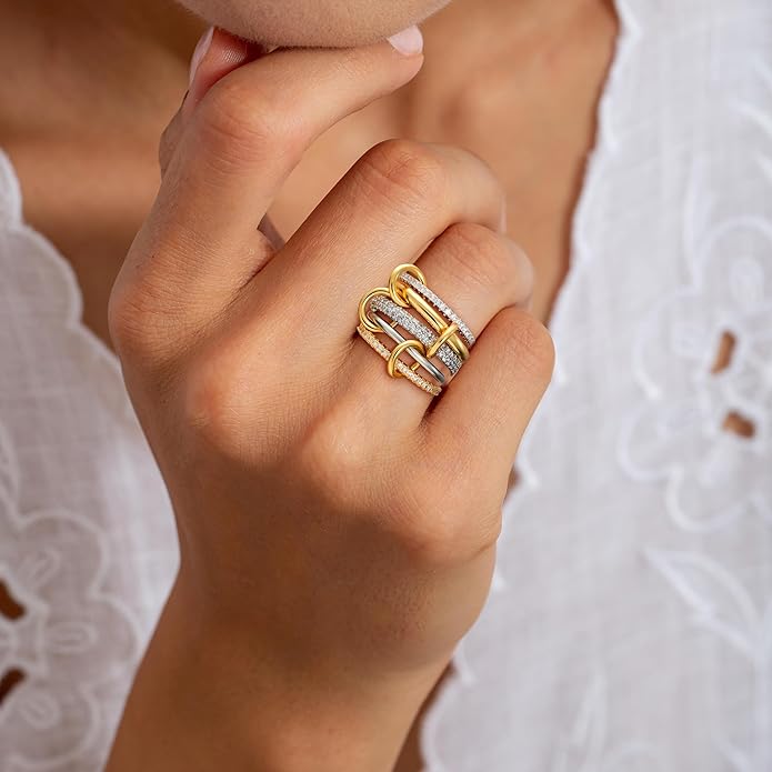 Stackable Rings for Women – Mixed Metal CZ Ring Set, Non-Tarnish Jewelry