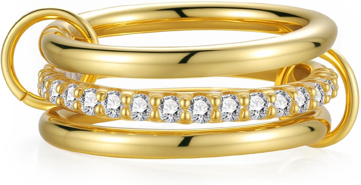 Emibele 14K Gold Plated Stackable Rings – Interlocking Mixed Metal CZ Bands for Women (Non-Tarnish)