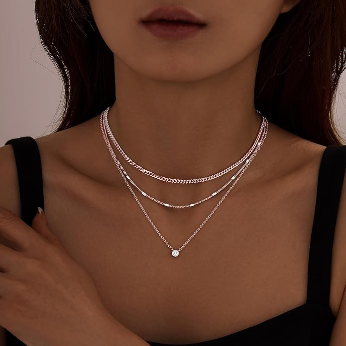 WomenGifts Layered Gold Necklace Set for Women – 14K Gold Sterling Silver Plated Pendant with CZ Circle & Chunky Cuban Chain | Waterproof Stackable Jewelry