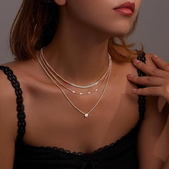 WomenGifts Layered Gold Necklace Set for Women – 14K Gold Sterling Silver Plated Pendant with CZ Circle & Chunky Cuban Chain | Waterproof Stackable Jewelry