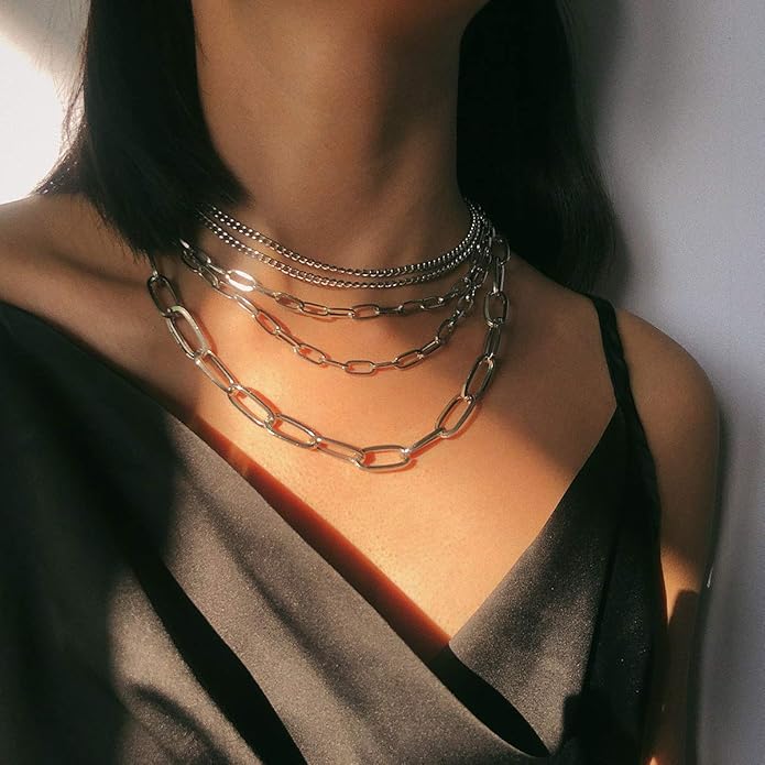 Layered Gold & Silver Chain Necklace for Women – 18" Paperclip, Rope & Ball Choker (Punk Jewelry)