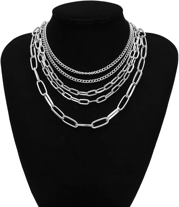 Layered Gold & Silver Chain Necklace for Women – 18" Paperclip, Rope & Ball Choker (Punk Jewelry)