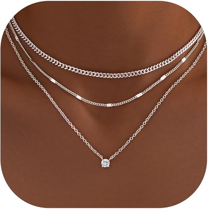 WomenGifts Layered Gold Necklace Set for Women – 14K Gold Sterling Silver Plated Pendant with CZ Circle & Chunky Cuban Chain | Waterproof Stackable Jewelry