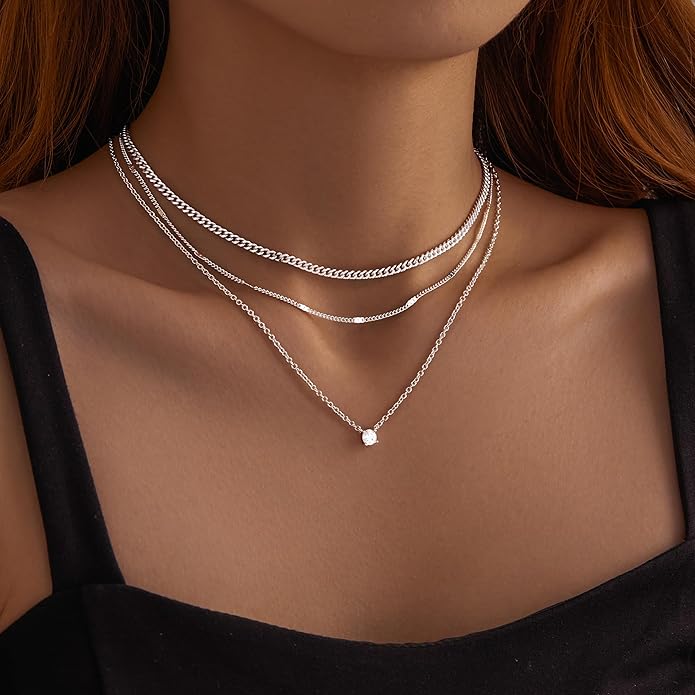 WomenGifts Layered Gold Necklace Set for Women – 14K Gold Sterling Silver Plated Pendant with CZ Circle & Chunky Cuban Chain | Waterproof Stackable Jewelry